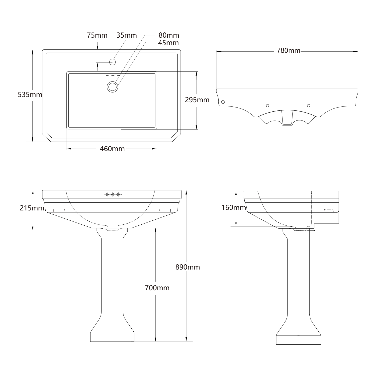 specification of MB-2061, white vitreous china bathroom pedestal sink with overflow and pre-drilled faucet holes